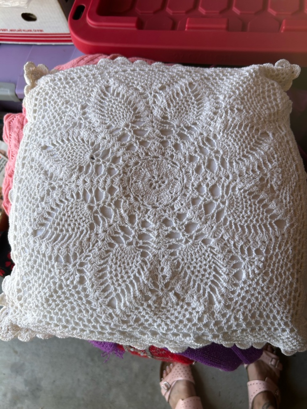 Vintage white crochet throw pillow